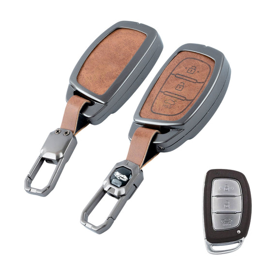 Metal Leather Brown Key Cover Compatible For Hyundai: i20, Creta, Venue, Tucson, Alcazar, Verna, Xcent, Aura, Elantra, Nios, I-10 Grand,Exter