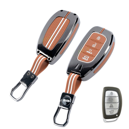 Metal Sapphire Key Cover With Key Chain Compatible with Hyundai: Alcazar, Creta 2021 onwards (4 button smart key)