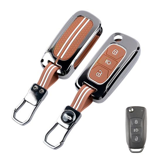 Metal Key Cover With Key Chain Compatible with Tata: Nexon, Harrier, Safari, Altroz, Punch, Tiago, Tigor, Zest, Bolt, Hexa (3 button Flip Key)