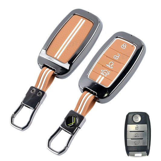 Metal Sapphire Key Cover With Key Chain Compatible with kia : Seltos, Sonet, Carens, Seltos x line, Carnival (4 button smart key)