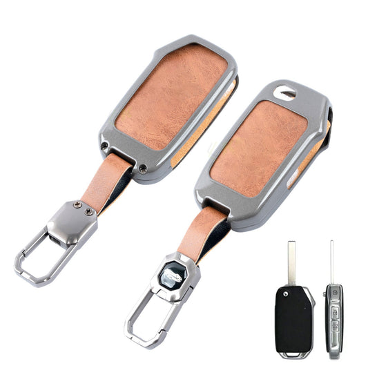 Metal Leather Brown Car Key Cover Compatible For kia : Seltos, Sonet, Carens, Carens Clavis (3 Button Flip Key)