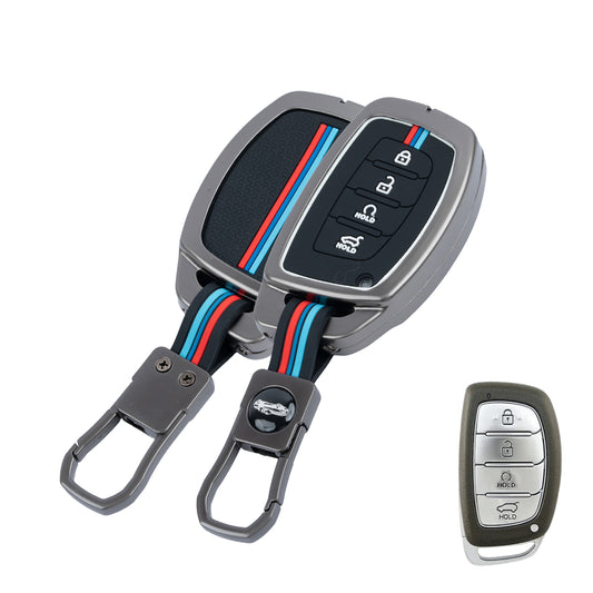Metal Silicone Key Cover Compatible for Hyundai: Alcazar, Creta 2021 onwards (4 button smart key)