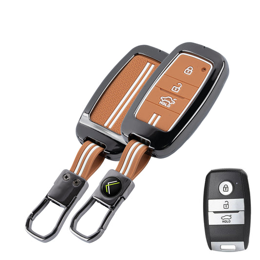 Metal Sapphire Key Cover With Key Chain Compatible with Kia Seltos, Kia Sonet,Kia Carens,Kia Carnival (3 Button Smart Key)