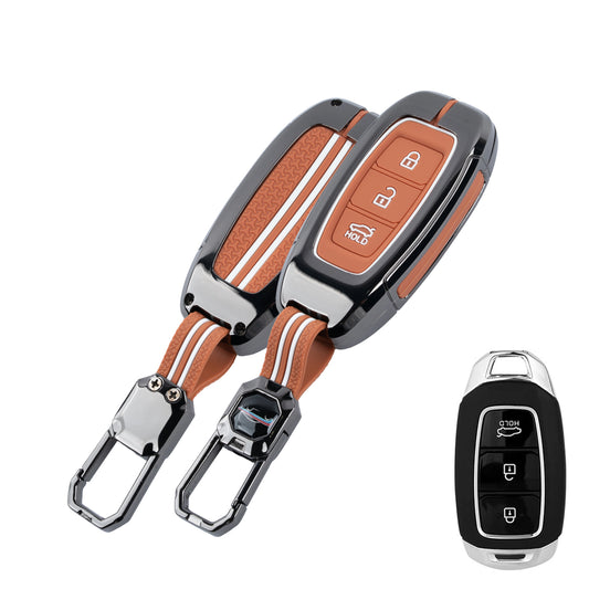 Metal Sapphire Key Cover With Key Chain Compatible with Hyundai : i20, Kona, Verna 2018 onwards (3 button smart key)