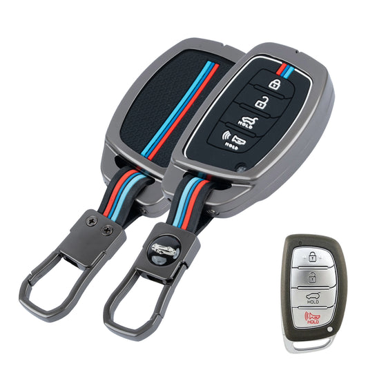 Metal Silicone Key Cover Compatible for Hyundai: i20, Creta, Venue, Tucson, Alcazar, Grand i10, Verna, Xcent, Aura, Elantra (4 button Smart Key)
