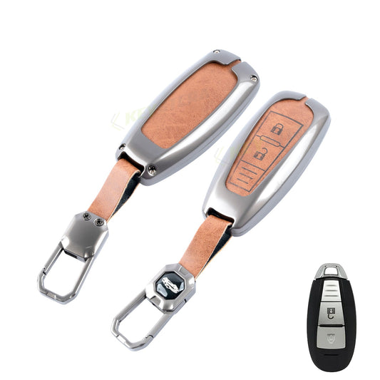 Metal Leather Brown Car Key Cover Compatible For Suzuki: Baleno, Ciaz, Ignis, S-Cross, Grand Vitara, Brezza & Toyota Urban Cruiser (3 Button smart key)