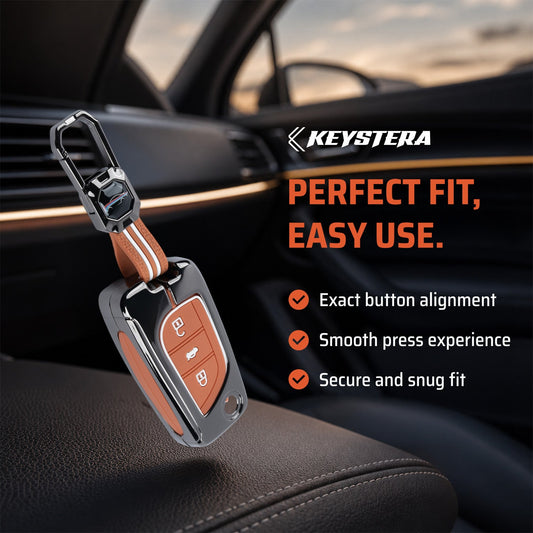 Metal Sapphire Key Cover With Key Chain Compatible with Toyota: Innova Crysta, Corolla Altis. (3 button flip key)