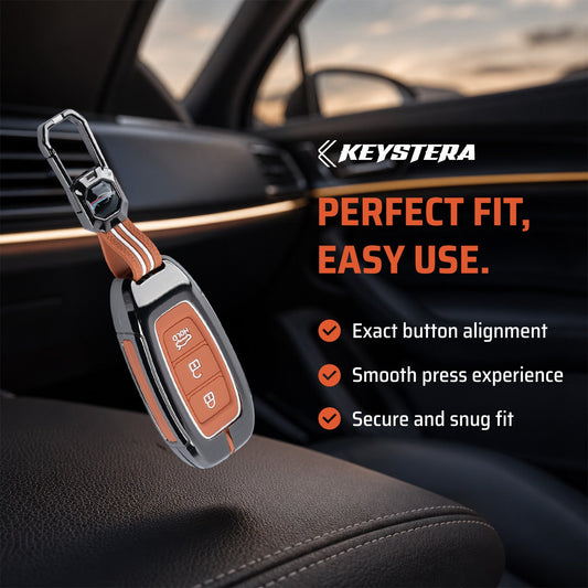 Metal Sapphire Key Cover With Key Chain Compatible with Hyundai : i20, Kona, Verna 2018 onwards (3 button smart key)