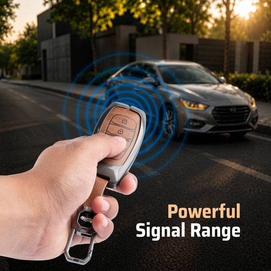 Metal Leather Brown Key Cover Compatible For Hyundai: i20, Verna 2023 onwards (4 button smart key)