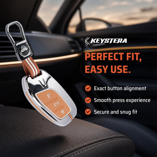 Metal Sapphire Key Cover With Key Chain Compatible with MG Astor, MG ZS EV (3 Button smart key)