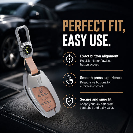 Metal Leather Brown Car Key Cover Compatible For MG Astor, MG ZS EV (3 Button smart key)
