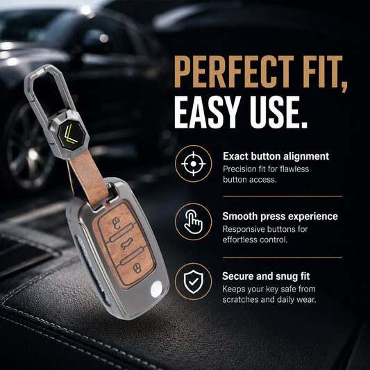 Metal Leather Brown Car Key Cover Compatible For Skoda : Octavia, Fabia, Laura, Superb, Rapid, Yeti & Volkswagen : Polo, Vento, Jetta, Ameo (3 Button Flip Key)