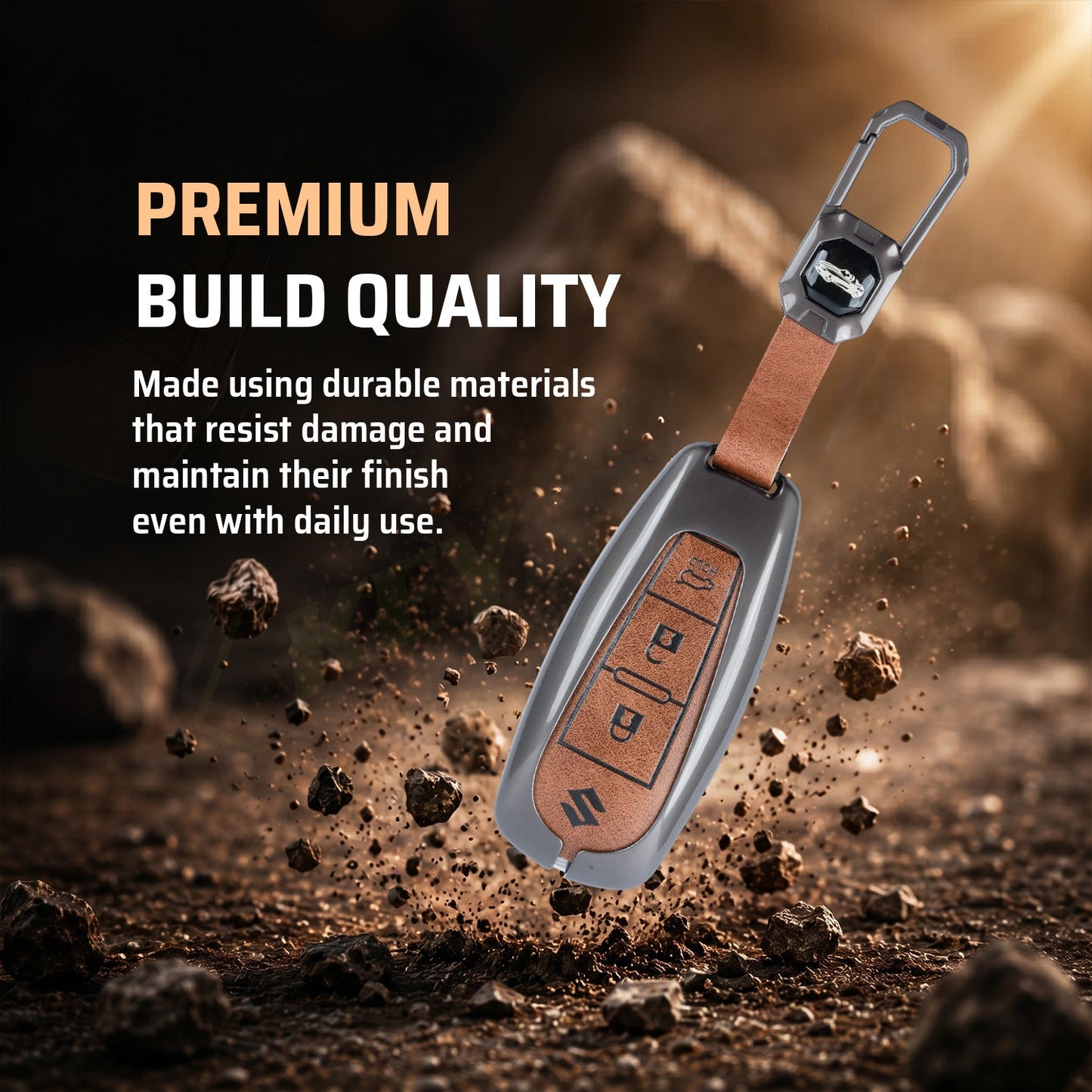 Metal Leather Brown Car Key Cover Compatible For Suzuki: Baleno, Ciaz, Grand Vitara, Brezza, S Cross, Swift, Ignis, XL6, Fronx, Jimny, Grand Vitara