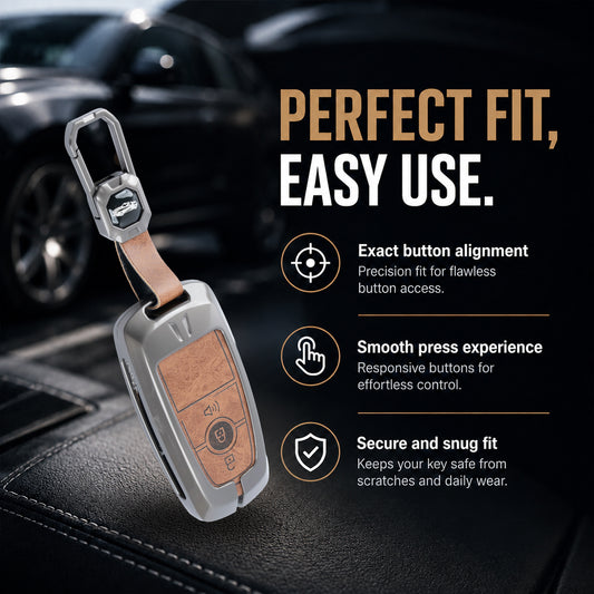 Metal Leather Car Key Cover Compatible For Ford : Figo, Aspire, Ecosport, Endeavour | 3 button Smart Key