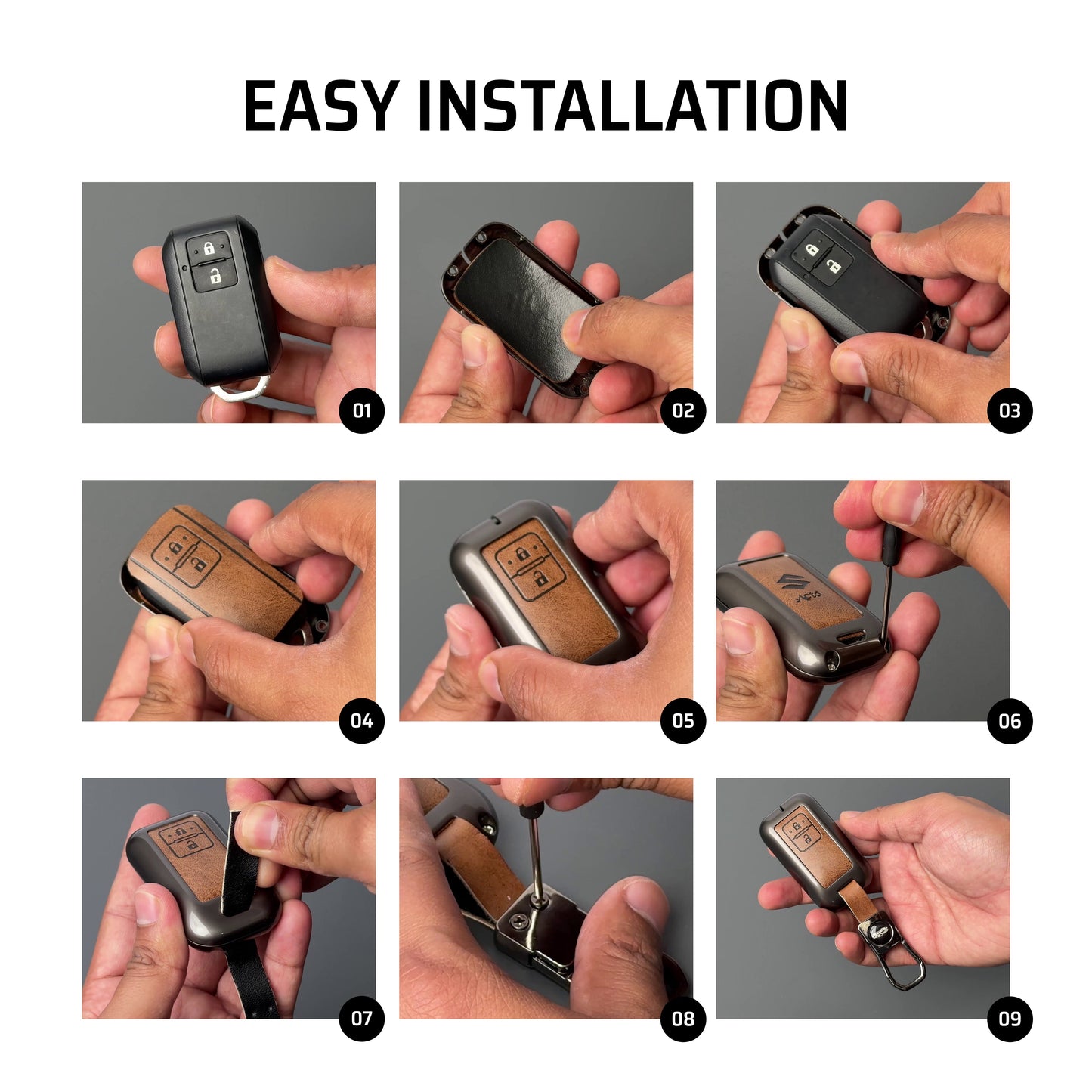 Metal Leather Car Key Cover Compatible For Ford : Figo, Aspire, Ecosport, Endeavour | 3 button Smart Key