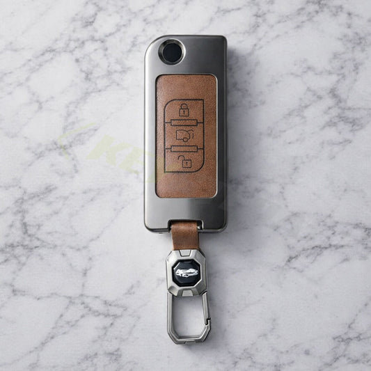 Metal Leather Brown Car Key Cover Compatible For Mahindra : XUV500 (3 Button Flip Key)