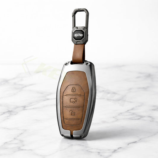 Metal Leather Brown Key Cover Compatible For Mahindra: XUV500 (3 button smart key)