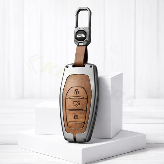 Metal Leather Brown Key Cover Compatible For Mahindra: XUV500 (3 button smart key)