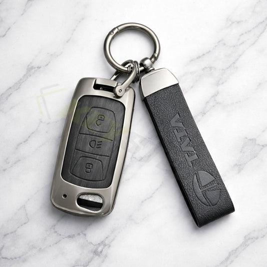 Metal Leather Black car Key Cover Compatible For Tata: Nexon, Harrier, Safari, Altroz, Punch, Tiago, Tigor, Zest, Bolt, Hexa