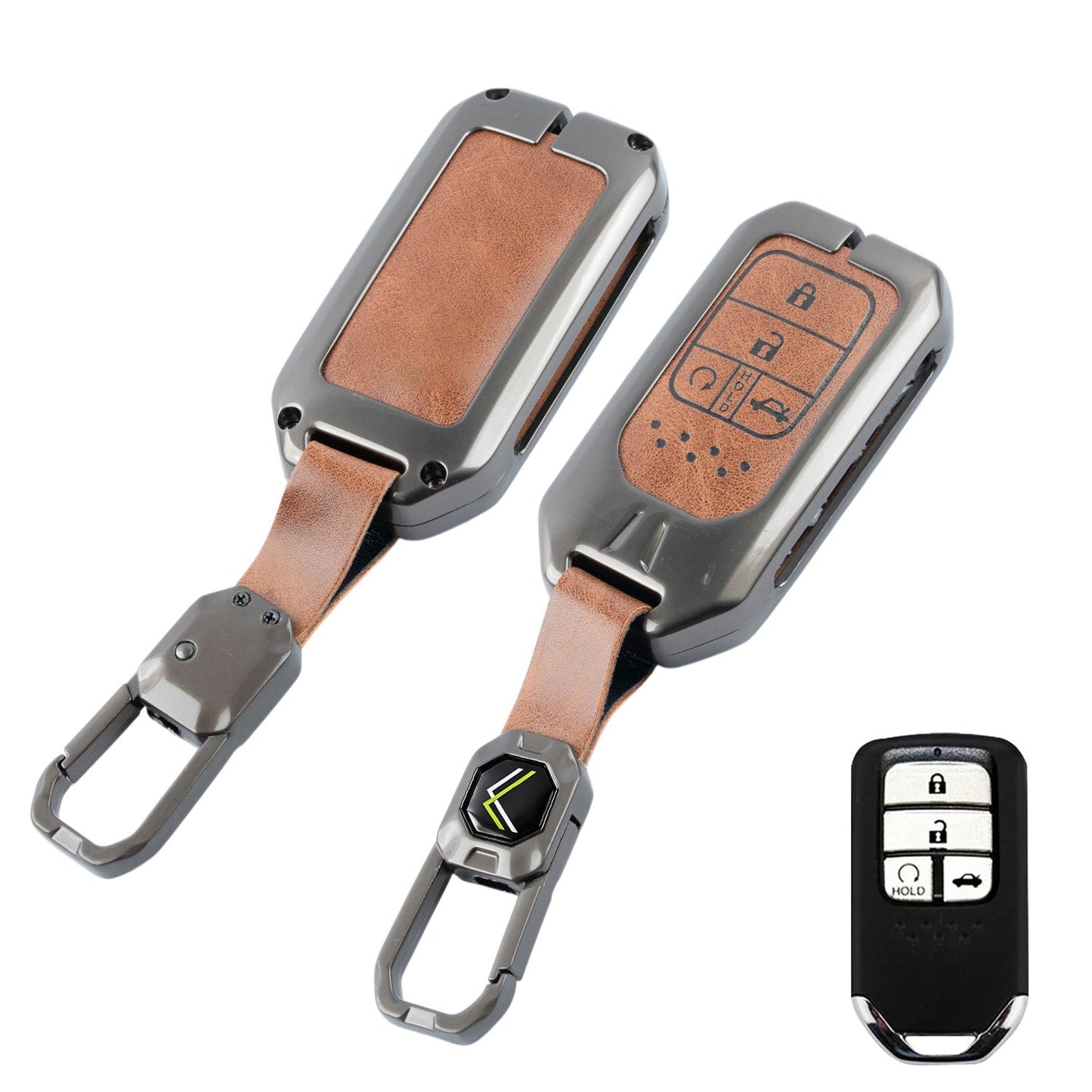 Metal Leather Brown Car Key Cover Compatible For Honda : City, Civic, Jazz, Brio, Amaze, Cr-v, Wr-v, Br-v, Mobilio (4B Smart Key)