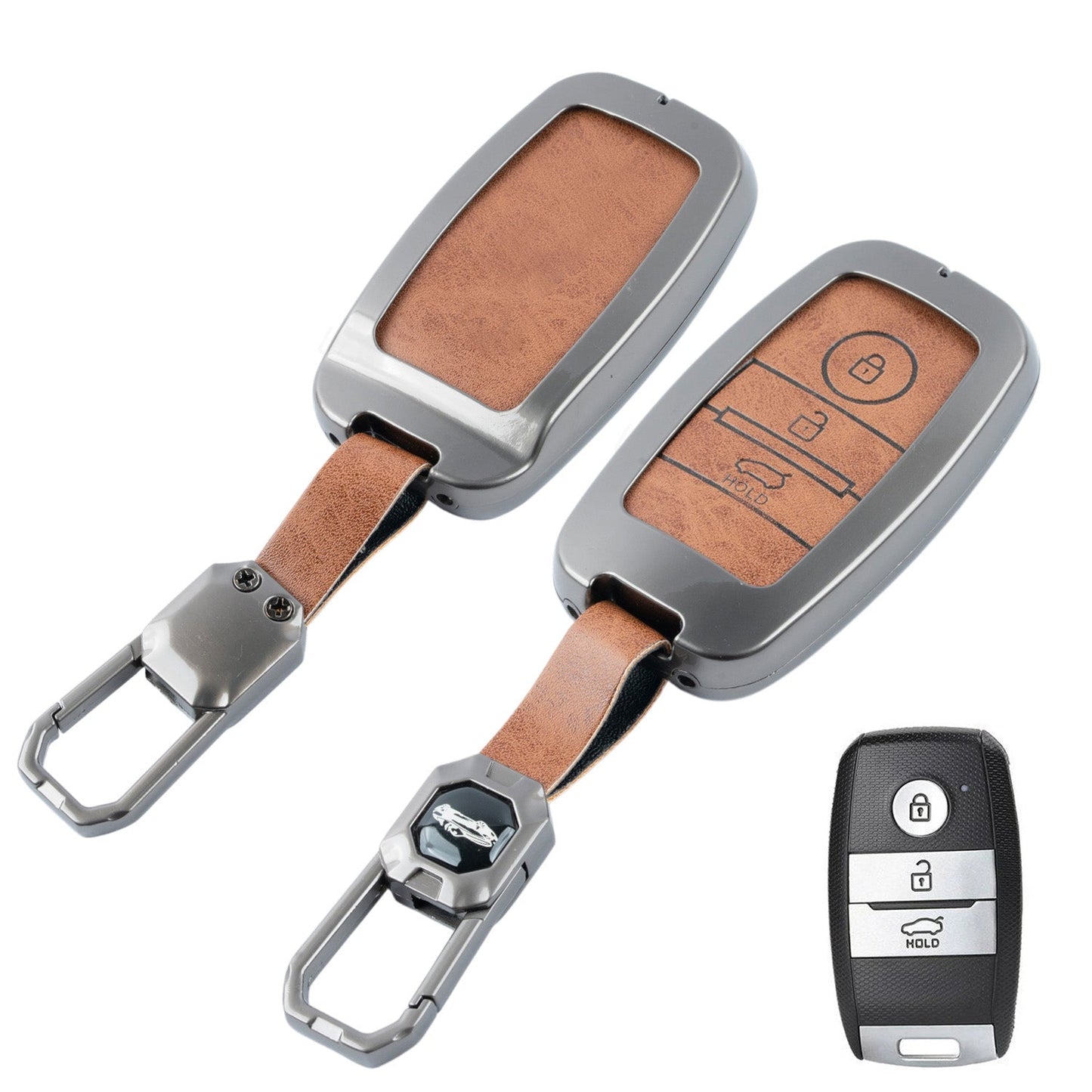 Metal Leather Brown Car Key Cover Compatible For Kia Seltos, Kia Sonet,Kia Carens,Kia Carnival (3 Button Smart Key)