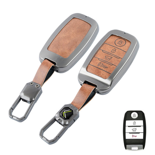 Metal Leather Brown Car Key Cover Compatible For Kia: Seltos, Sonet, Carens, Carnival (4 Button Smart Key)