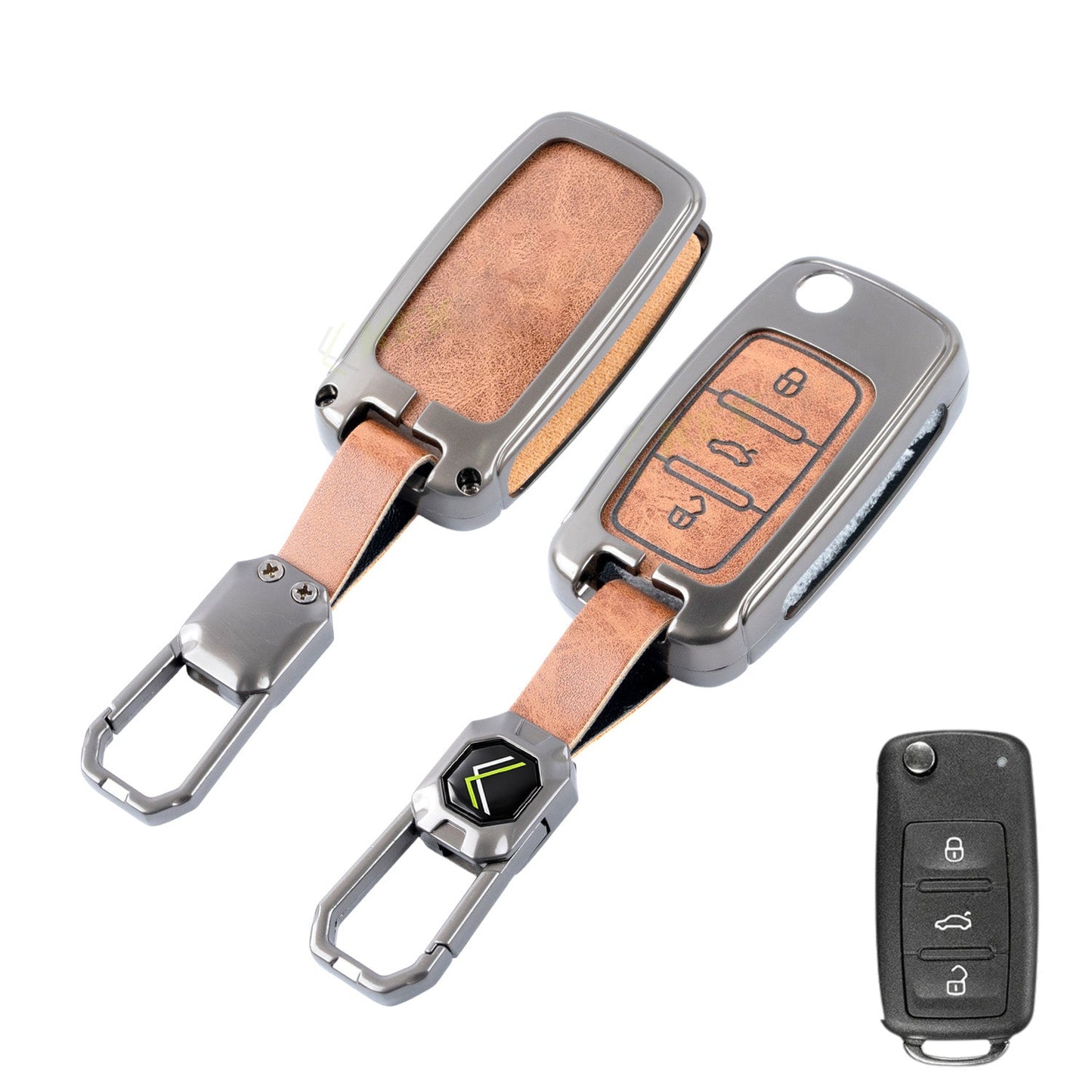 Metal Leather Brown Car Key Cover Compatible For Skoda : Octavia, Fabia, Laura, Superb, Rapid, Yeti & Volkswagen : Polo, Vento, Jetta, Ameo (3 Button Flip Key)