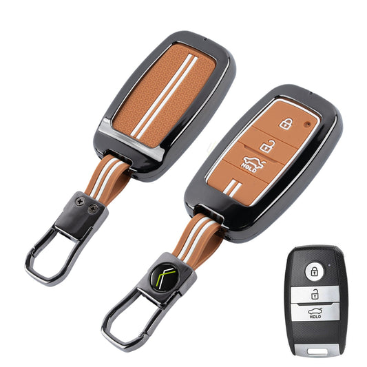 Metal Sapphire Key Cover With Key Chain Compatible with Kia Seltos, Kia Sonet,Kia Carens,Kia Carnival (3 Button Smart Key)