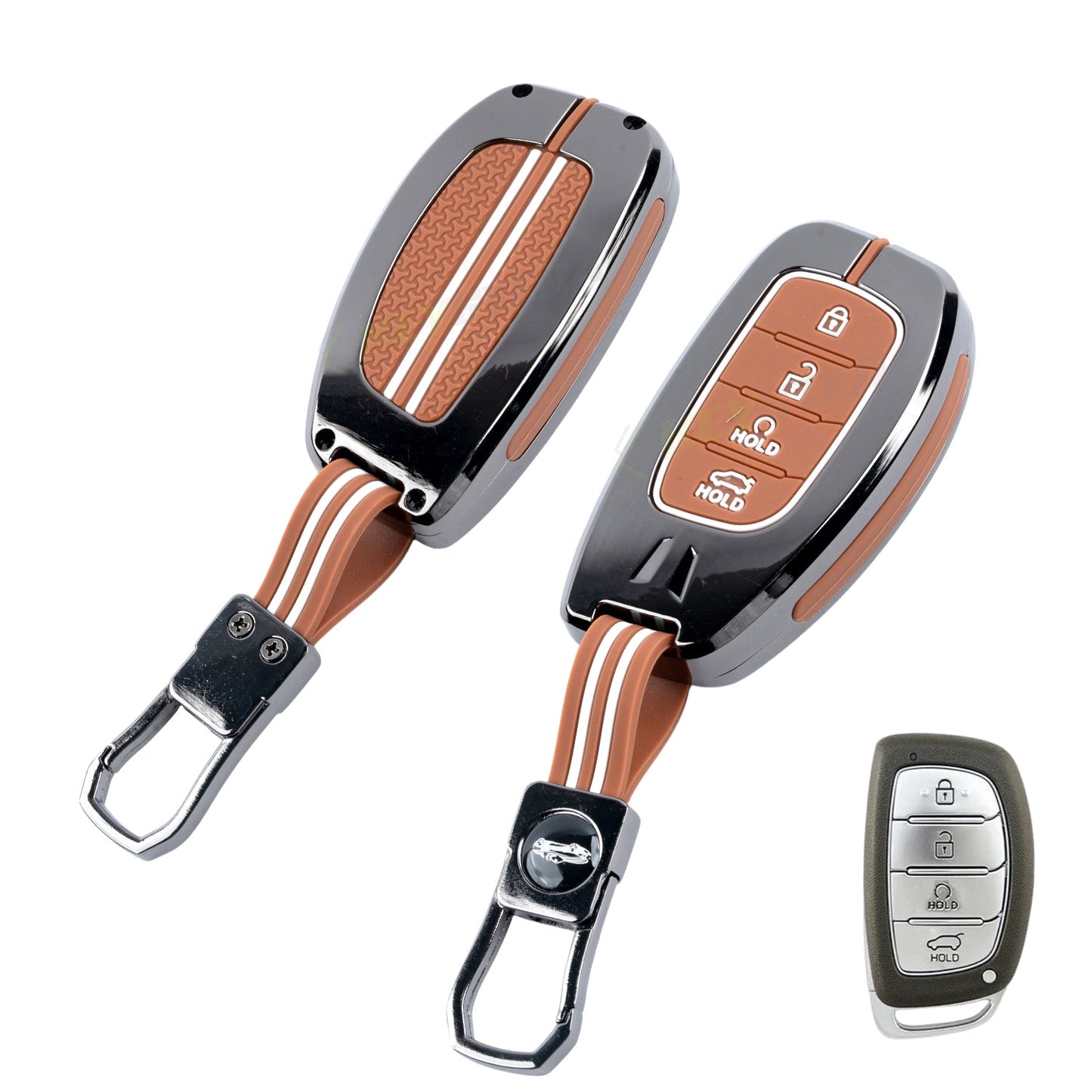 Metal Sapphire Key Cover With Key Chain Compatible with Hyundai: Alcazar, Creta 2021 onwards (4 button smart key)