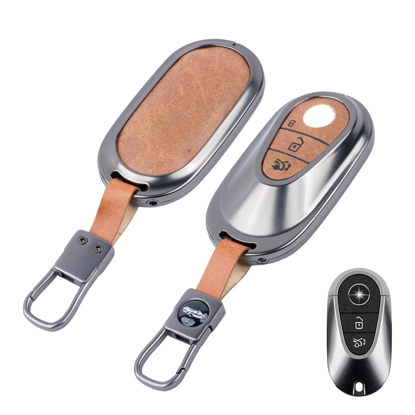 Metal Leather Car Key Cover Compatible For New Mercedes Benz Maybach | S Class | E Class (3 Button Smart Key)