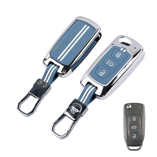 Metal Key Cover With Key Chain Compatible with Tata: Nexon, Harrier, Safari, Altroz, Punch, Tiago, Tigor, Zest, Bolt, Hexa (3 button Flip Key)