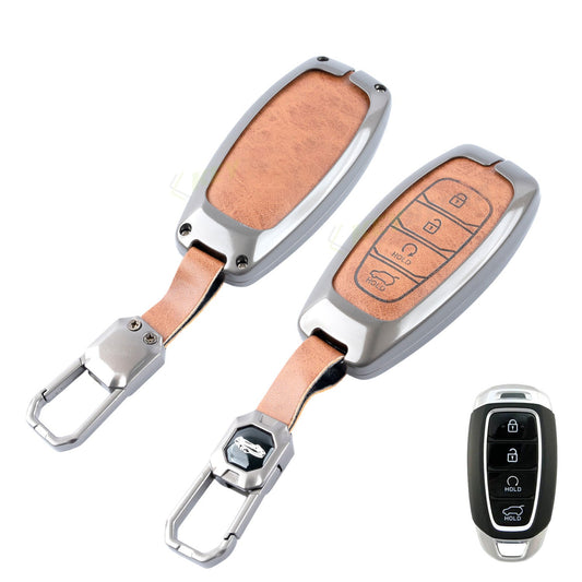 Metal Leather Brown Key Cover Compatible For Hyundai: i20, Verna 2023 onwards (4 button smart key)