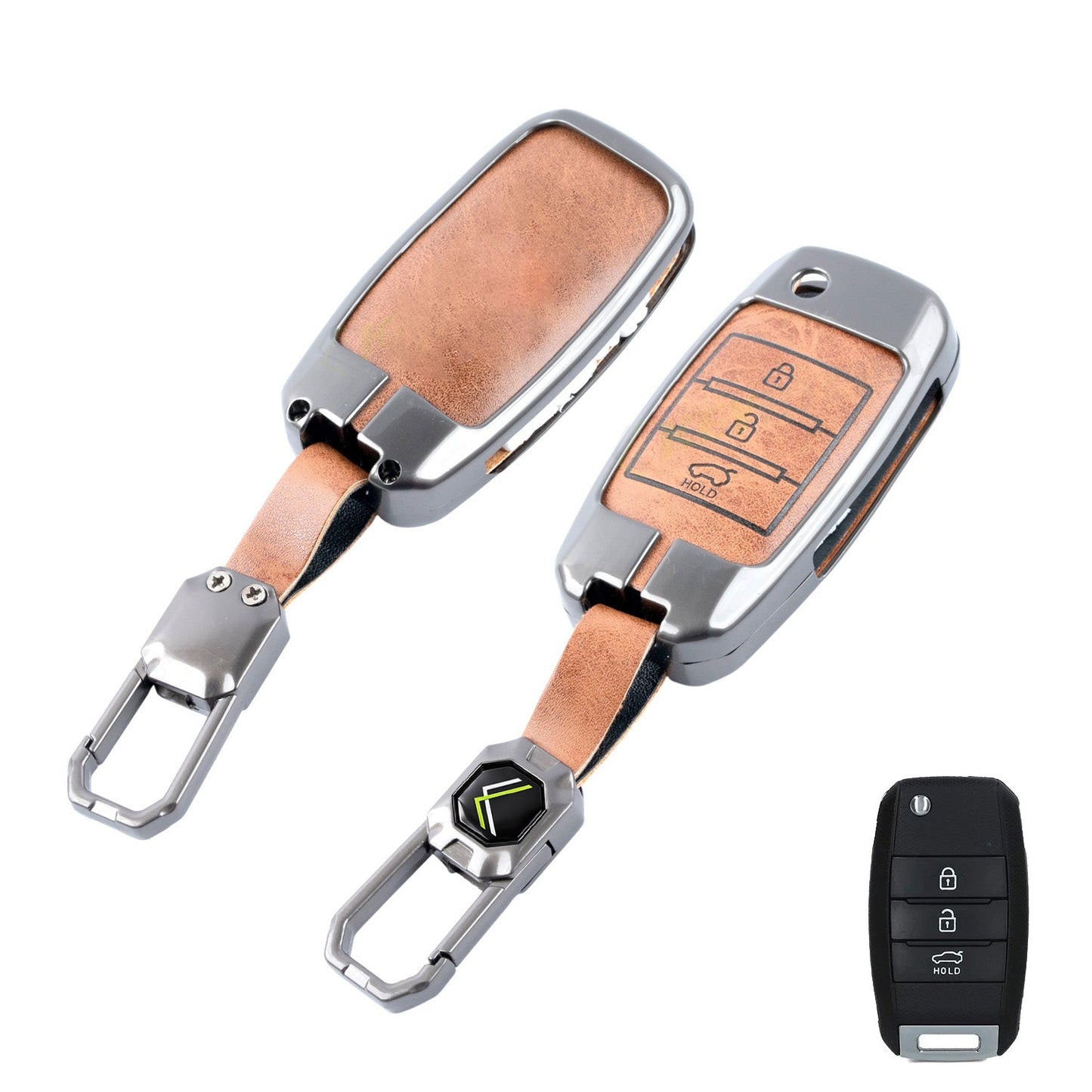 Metal Leather Brown Car Key Cover Compatible For Kia Seltos, Kia Sonet,Kia Carens (3 Button Flip Key)