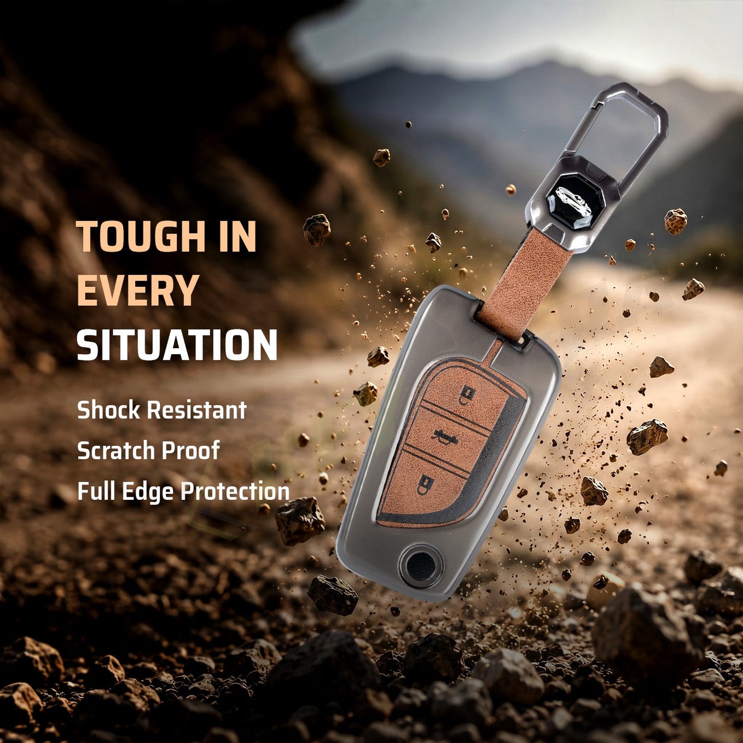 Metal Leather Brown Car Key Cover Compatible For Toyota: Innova Crysta, Corolla Altis. (3 button flip key)