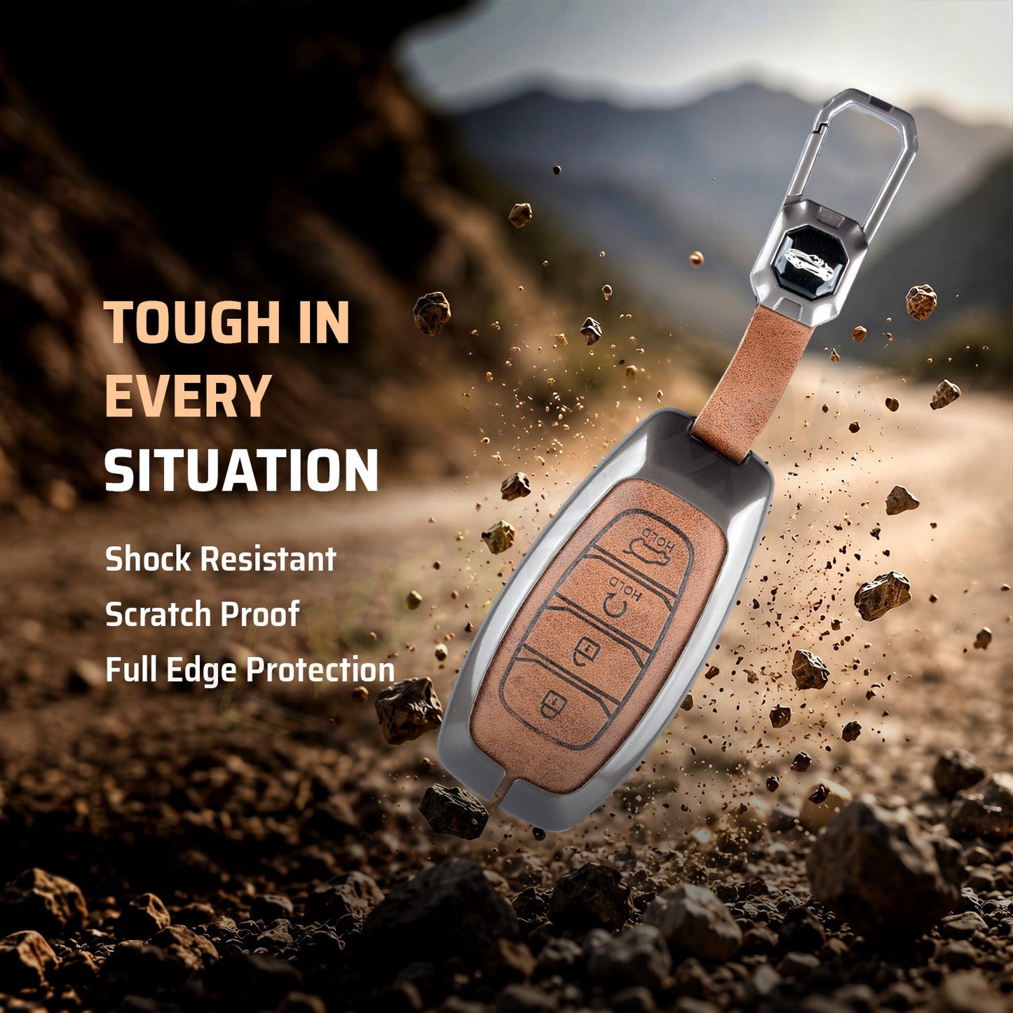 Metal Leather Brown Key Cover Compatible For Hyundai: i20, Verna 2023 onwards (4 button smart key)