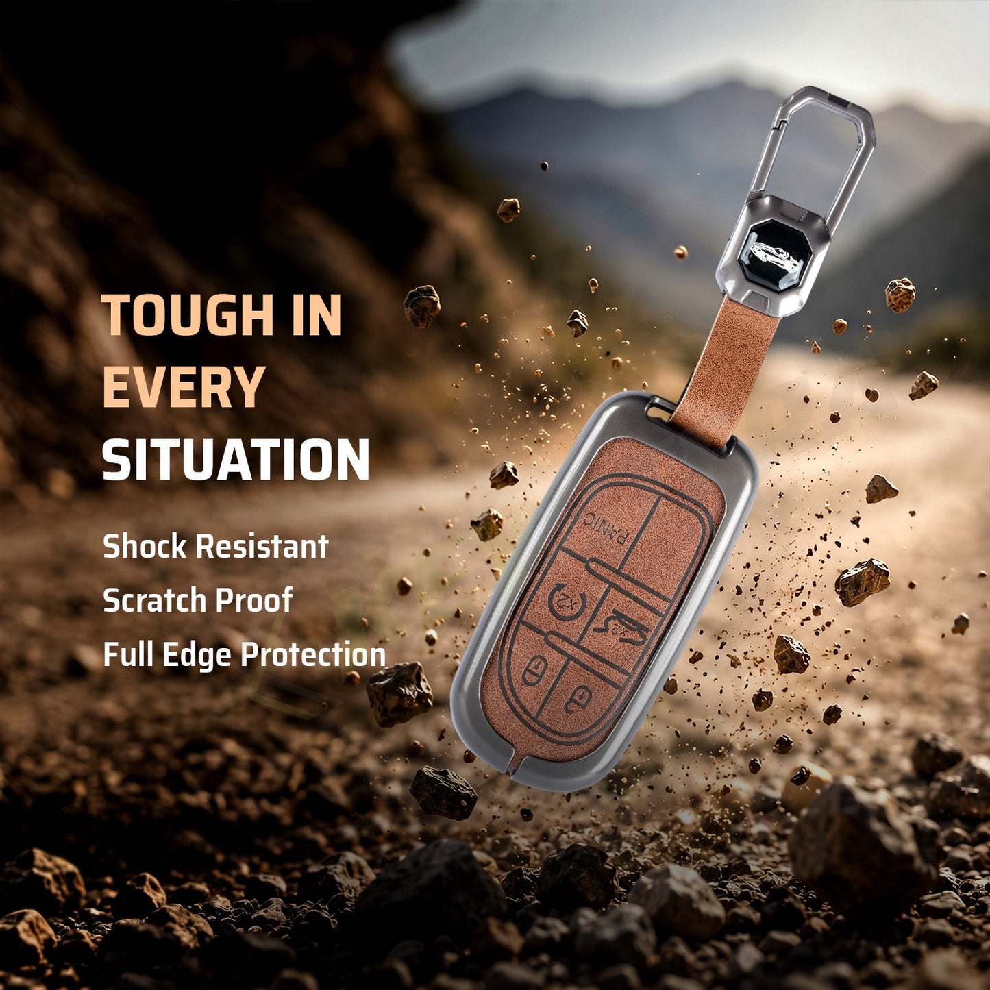 Metal Leather Brown Car Key Cover Compatible For Jeep Compass Smart Key