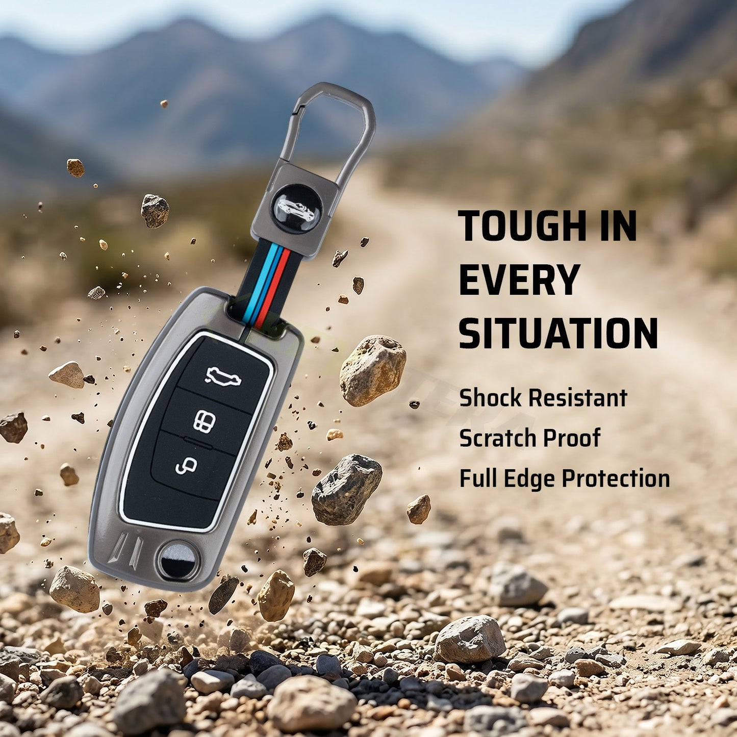 Metal Silicone Key Cover Compatible for Ford EcoSport | Aspire | Freestyle Flip Key only (3 Button Flip Key)