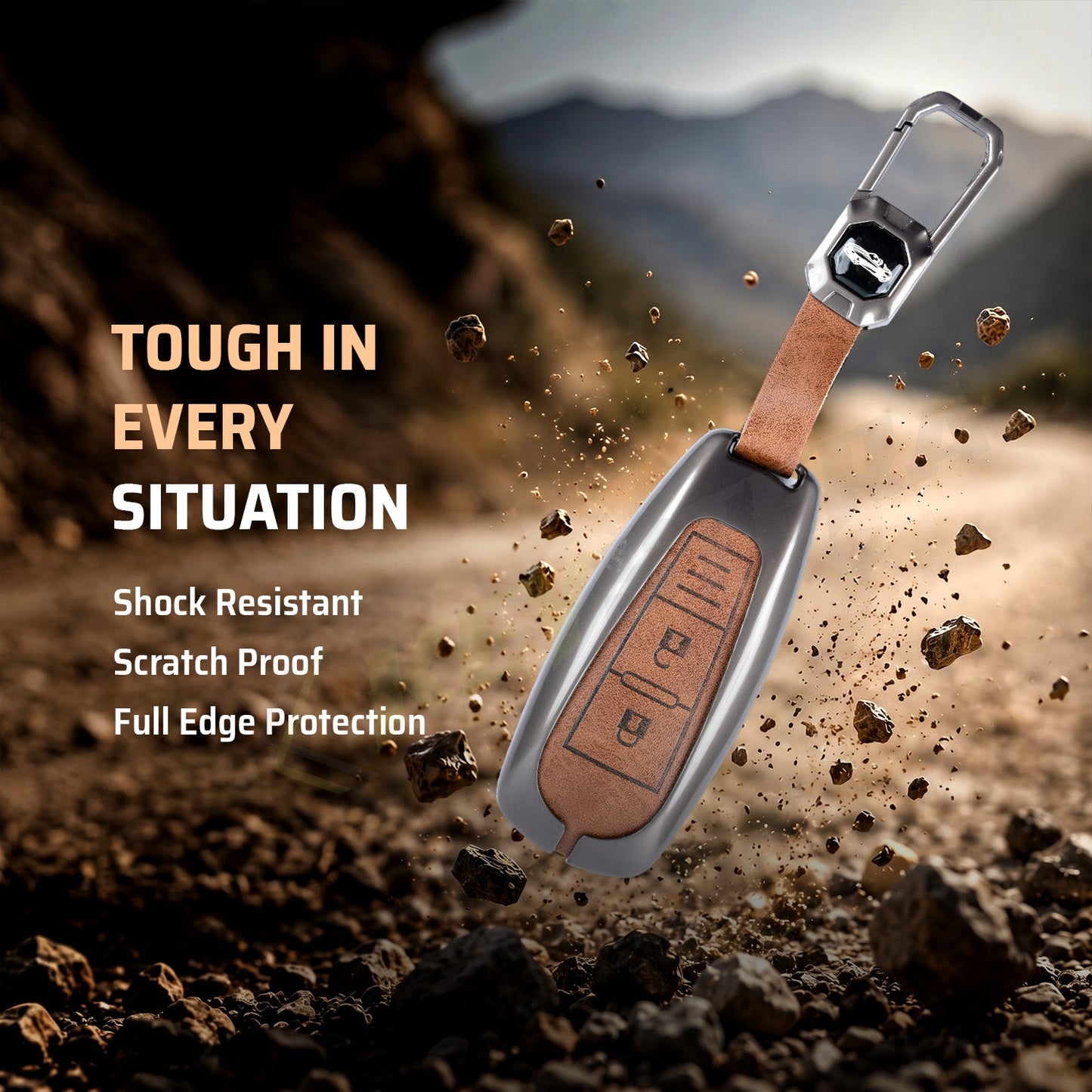 Metal Leather Brown Car Key Cover Compatible For  Suzuki: Baleno, Ciaz, Ignis, S-Cross, Grand Vitara, Brezza & Toyota Urban Cruiser (3 Button smart key)