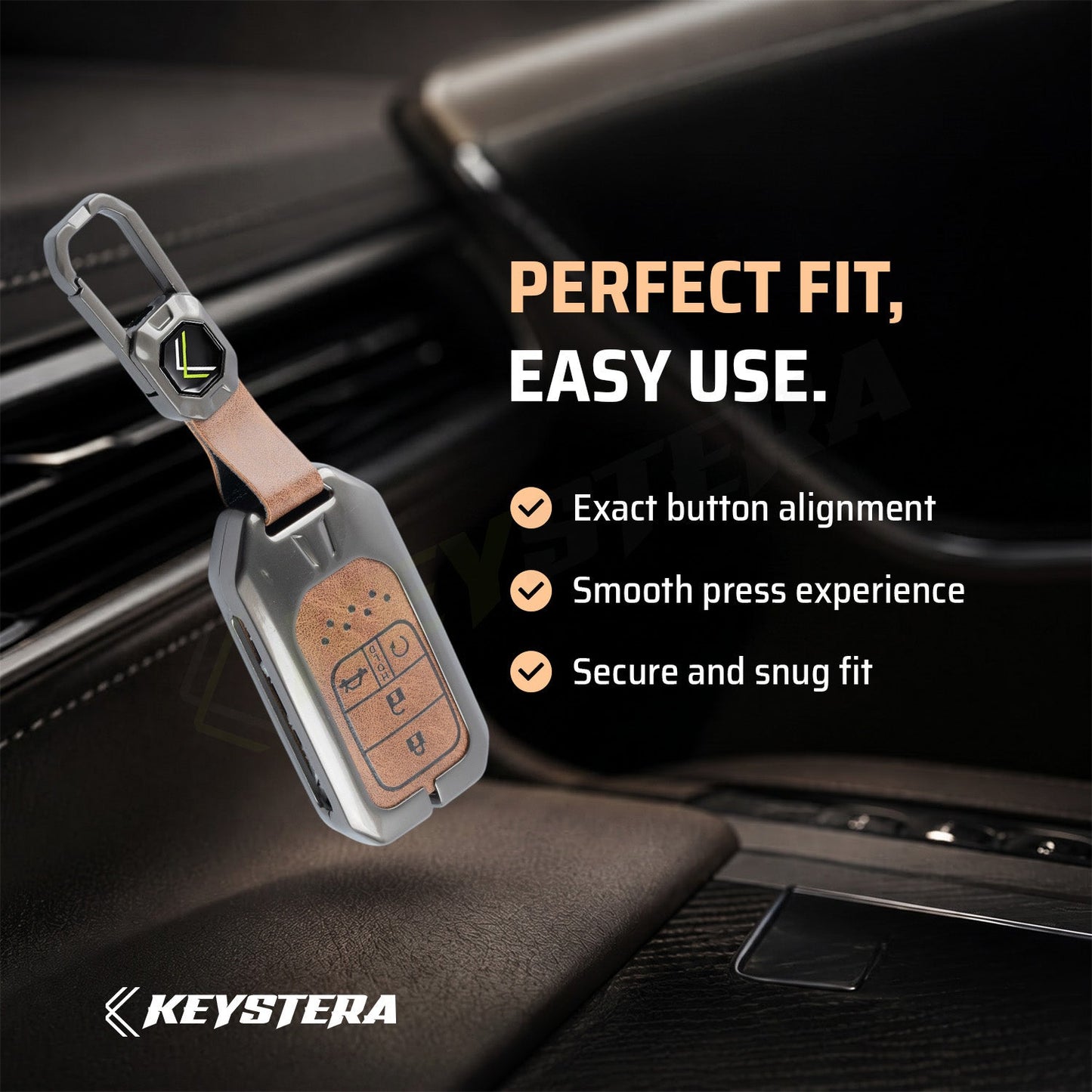 Metal Leather Brown Car Key Cover Compatible For Honda : City, Civic, Jazz, Brio, Amaze, Cr-v, Wr-v, Br-v, Mobilio (4B Smart Key)
