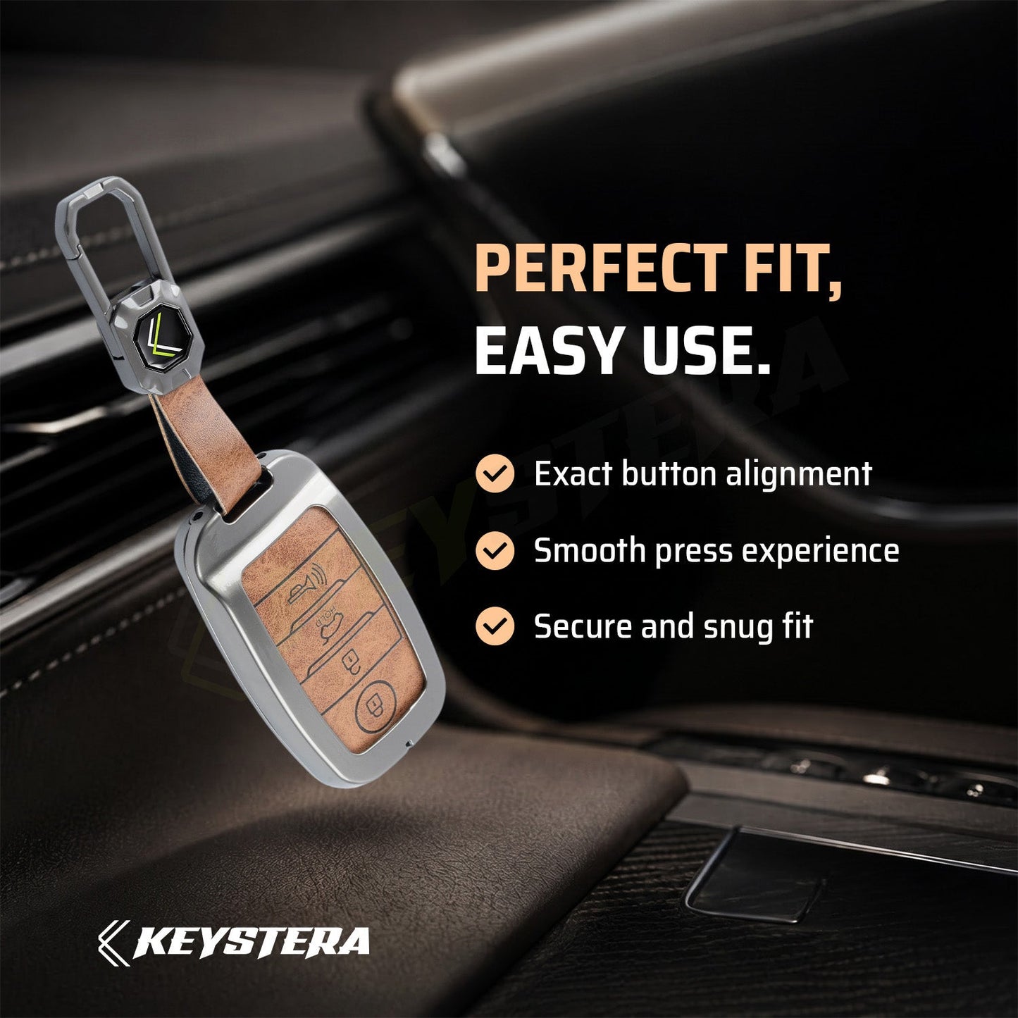 Metal Leather Brown Car Key Cover Compatible For Kia: Seltos, Sonet, Carens, Carnival (4 Button Smart Key)