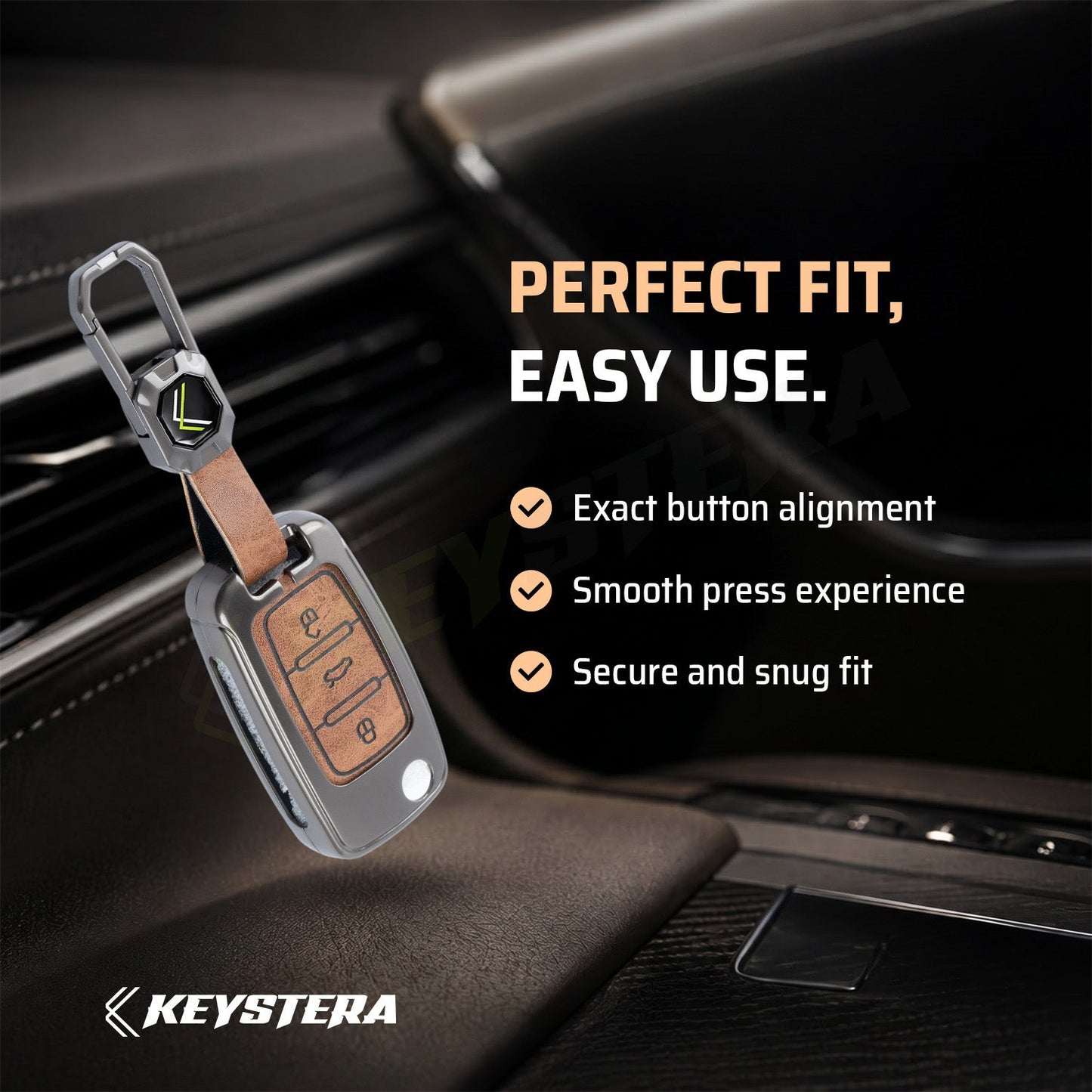 Metal Leather Brown Car Key Cover Compatible For Skoda : Octavia, Fabia, Laura, Superb, Rapid, Yeti & Volkswagen : Polo, Vento, Jetta, Ameo (3 Button Flip Key)