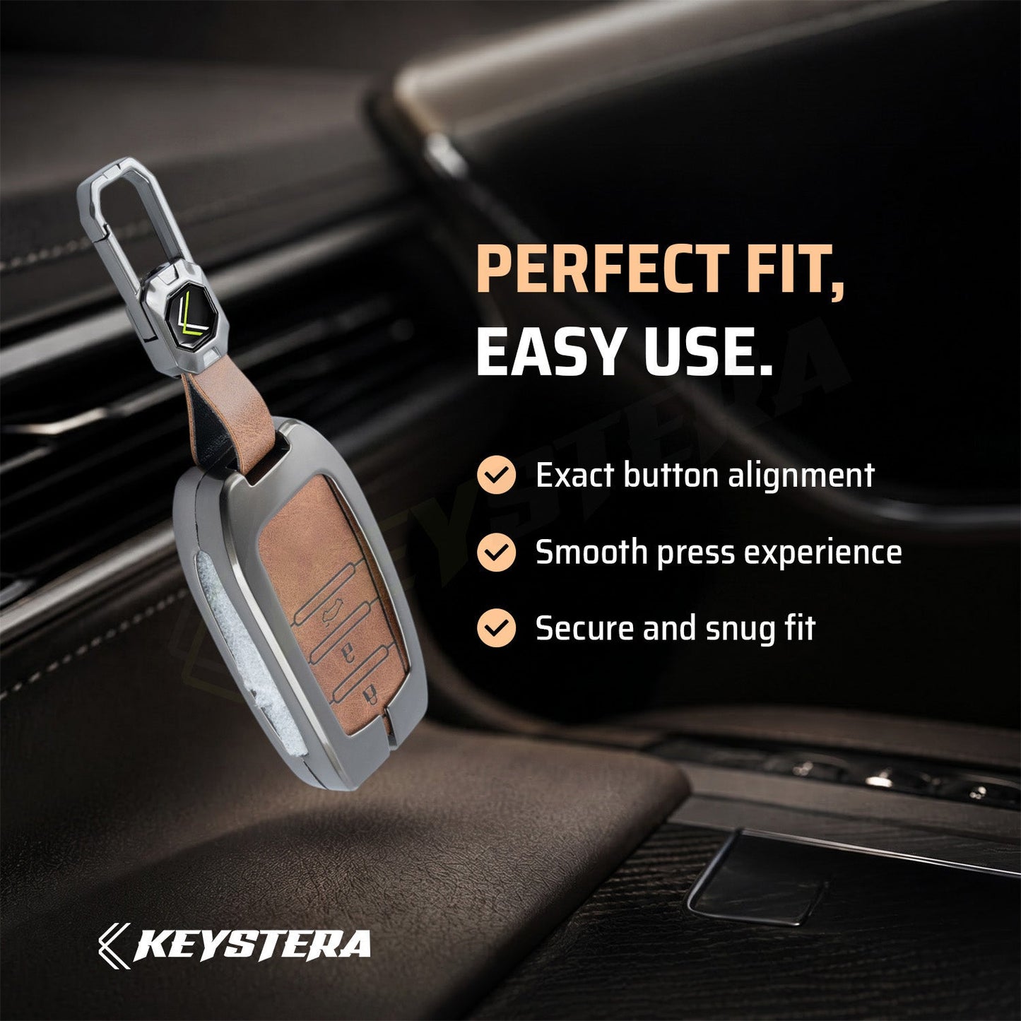 Metal Leather Brown Car Key Cover Compatible For Toyota: Innova Crysta, HyCross, Hilux, Fortuner, Legender, Land Cruiser, Camry (3 button smart key)