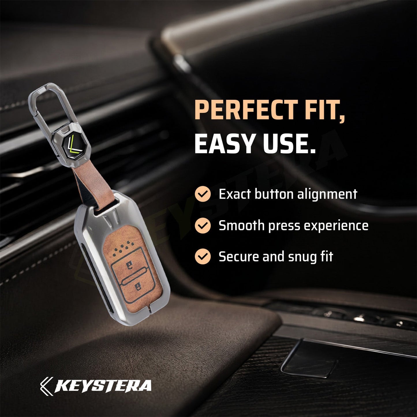 Metal Leather Brown Key Cover Compatible For Honda: Elevate, City, Jazz, Amaze, Accord, BR-V, CR-V, WR-V, Civic (2 button smart key)