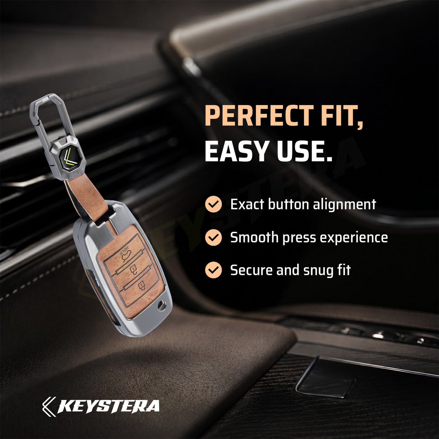 Metal Leather Brown Car Key Cover Compatible For Kia Seltos, Kia Sonet,Kia Carens (3 Button Flip Key)