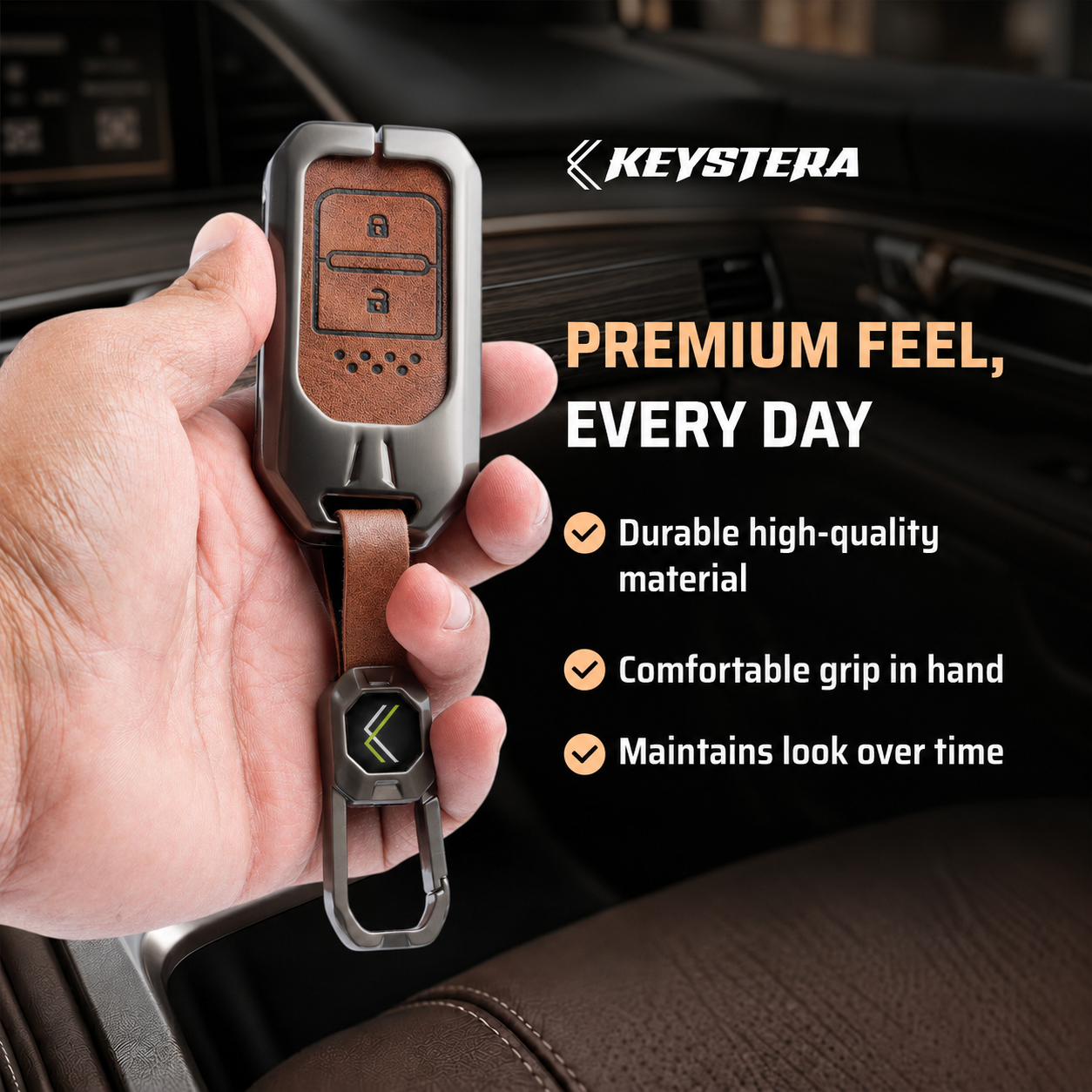 Metal Leather Brown Key Cover Compatible For Honda: Elevate, City, Jazz, Amaze, Accord, BR-V, CR-V, WR-V, Civic (2 button smart key)
