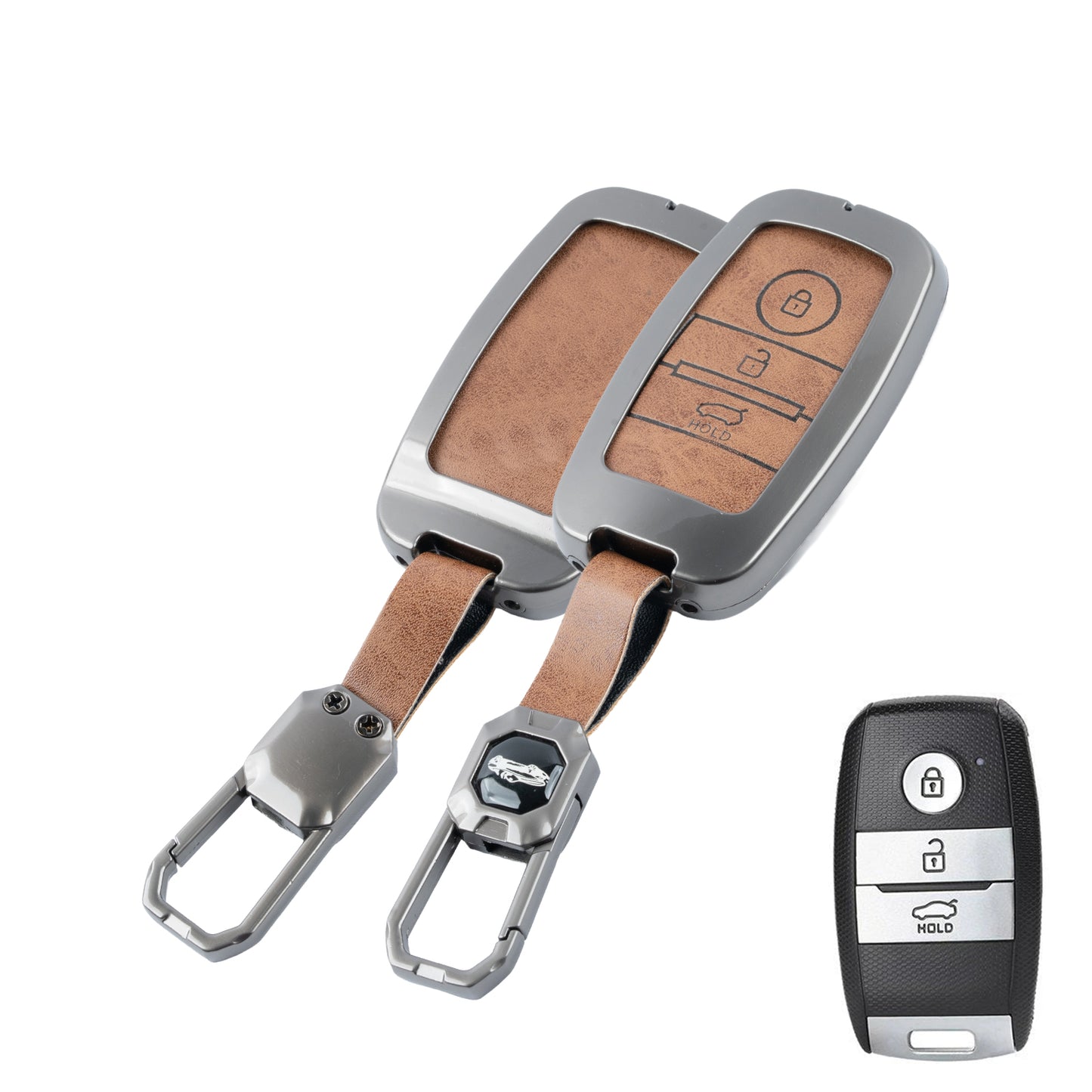 Metal Leather Brown Car Key Cover Compatible For Kia Seltos, Kia Sonet,Kia Carens,Kia Carnival (3 Button Smart Key)