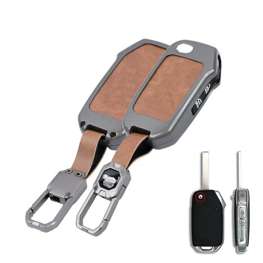 Metal Leather Brown Car Key Cover Compatible For kia : Seltos, Sonet, Carens, Carens Clavis  (3 Button Flip Key)