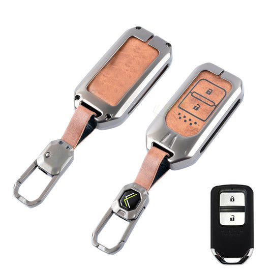 Metal Leather Brown Key Cover Compatible For Honda: Elevate, City, Jazz, Amaze, Accord, BR-V, CR-V, WR-V, Civic (2 button smart key)