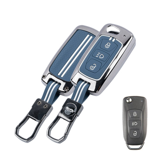 Metal Key Cover With Key Chain Compatible with Tata: Nexon, Harrier, Safari, Altroz, Punch, Tiago, Tigor, Zest, Bolt, Hexa (3 button Flip Key)