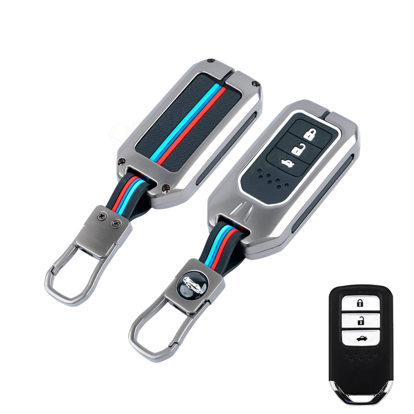 Metal Silicone Key Cover Compatible For Honda: City, Civic, Jazz, Brio, Amaze, Cr-v, Wr-v, Br-v, Mobilio 3 Button Smart Key